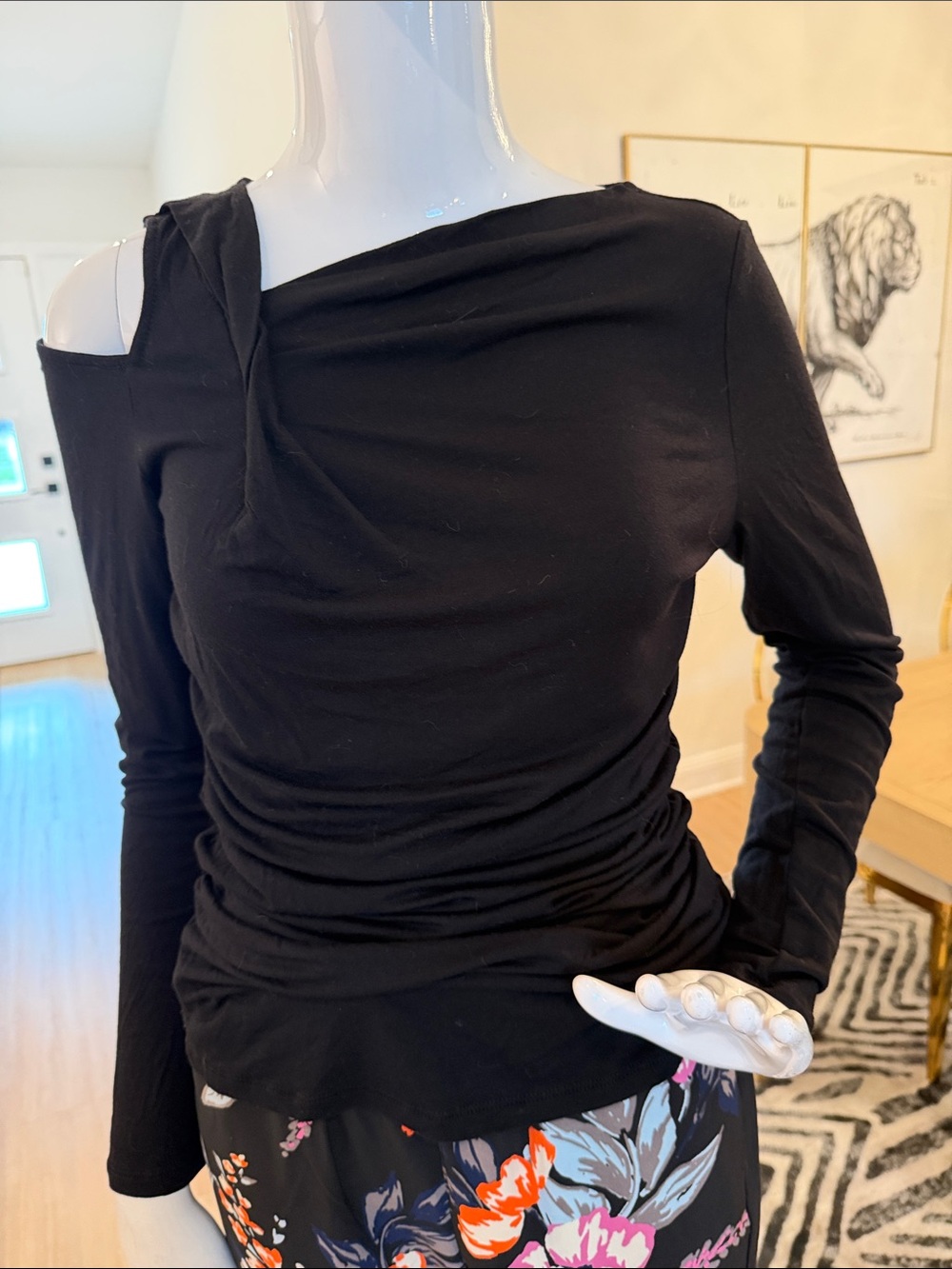 Lisa Rinna Collection Black Asymmetrical One-Shoulder Ruched Long Sleeve Top